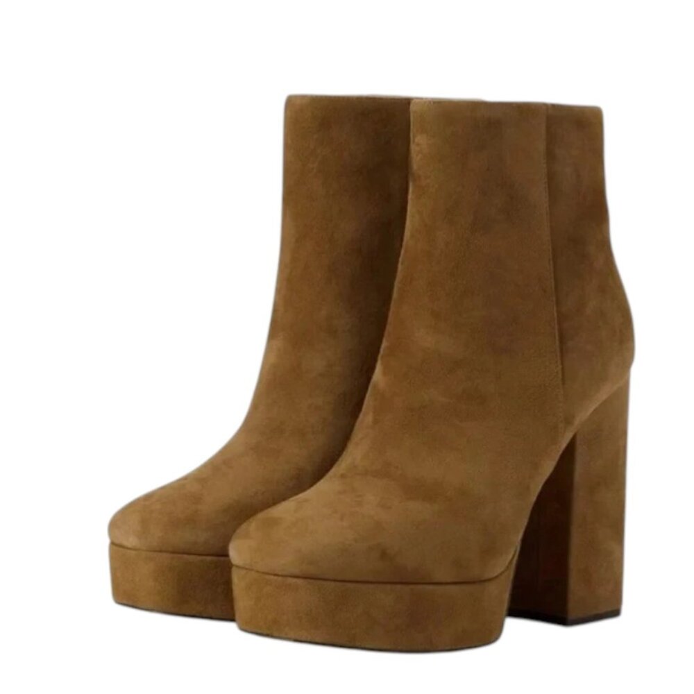 COACH Iona Suede Platform High Block Heel Booties Coconut, Size 11 B